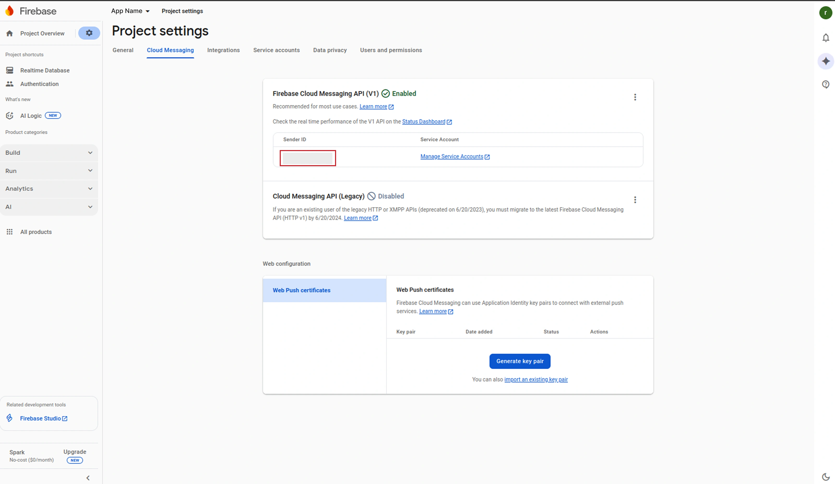 Firebase Service Accounts Tab
