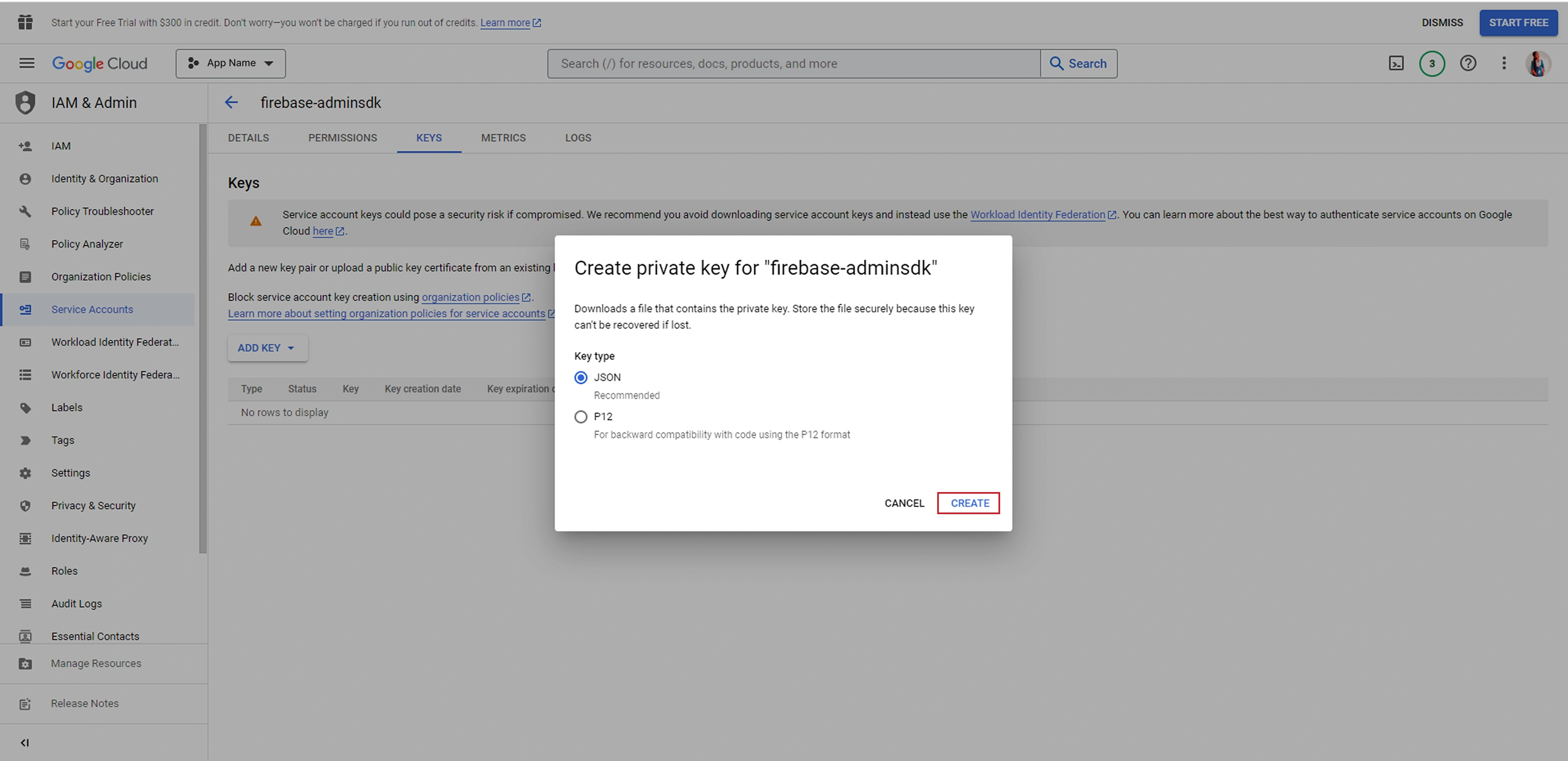 Create service account key