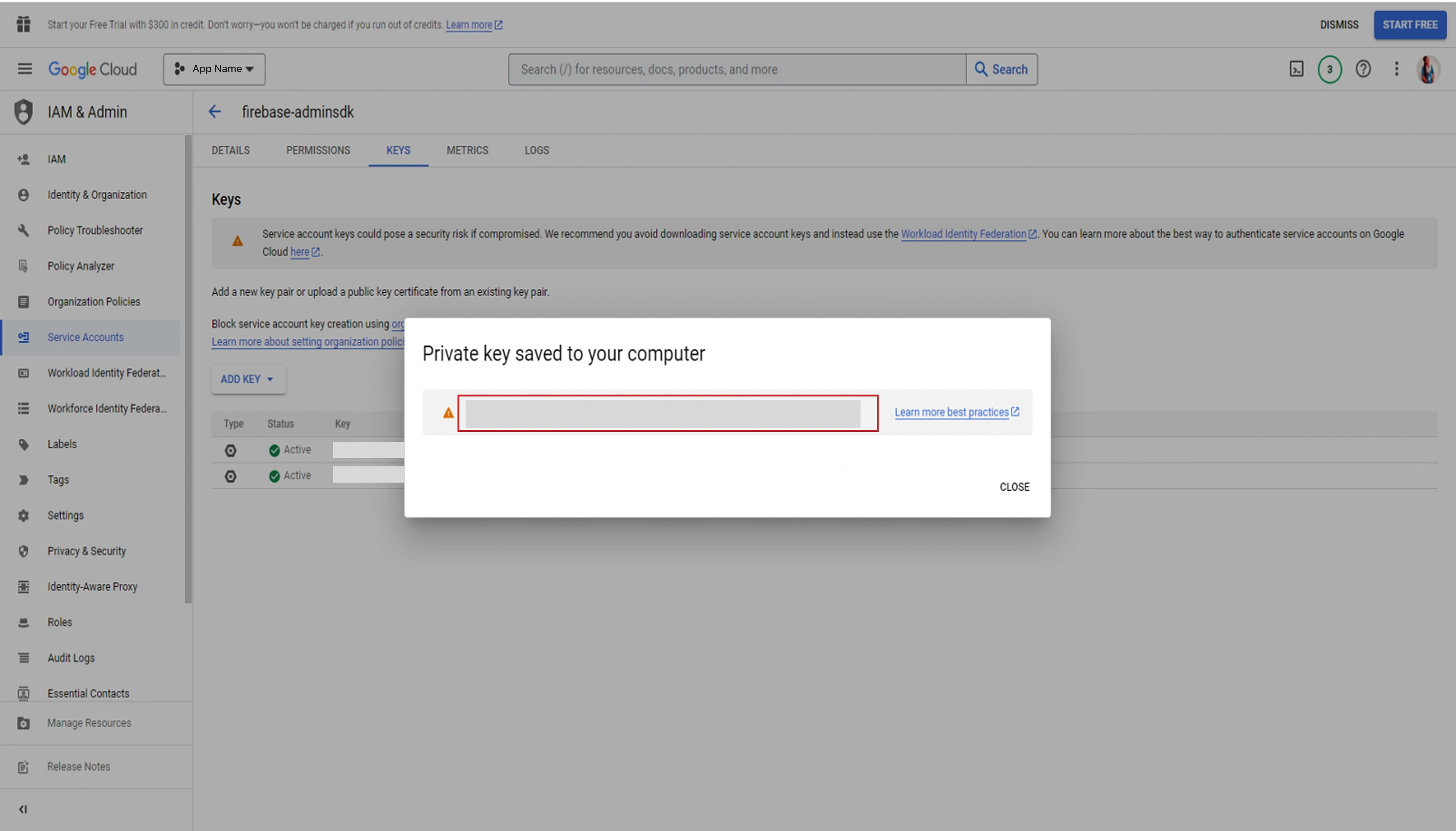 Create service account key