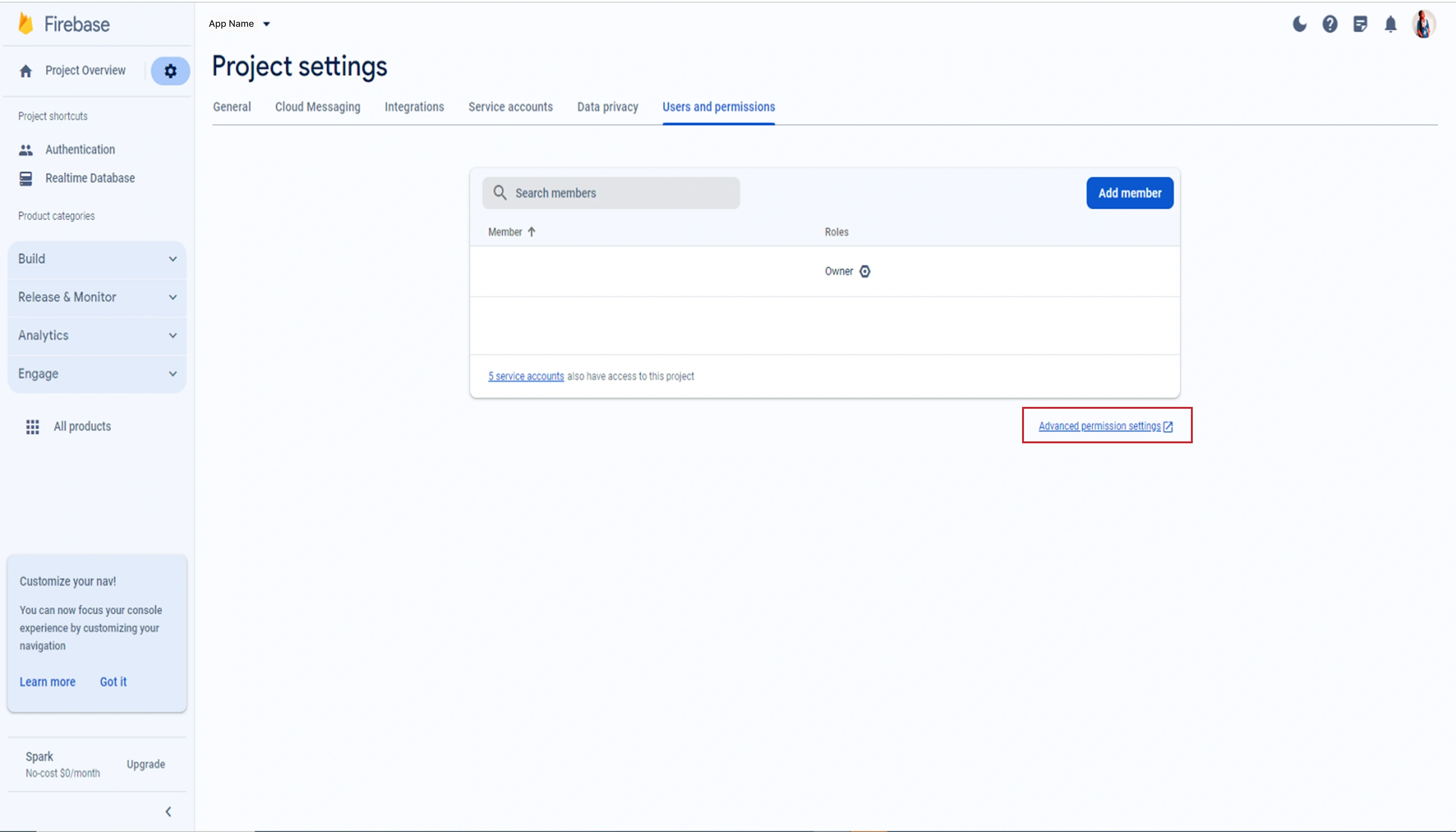 Service accounts page