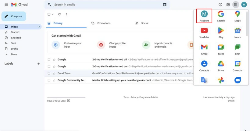 Gmail profile menu