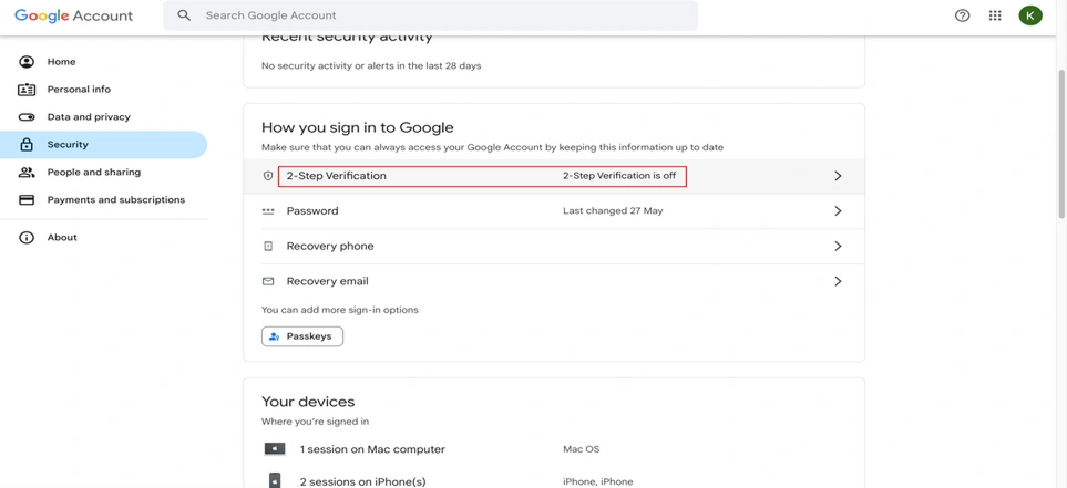 Google Account security tab