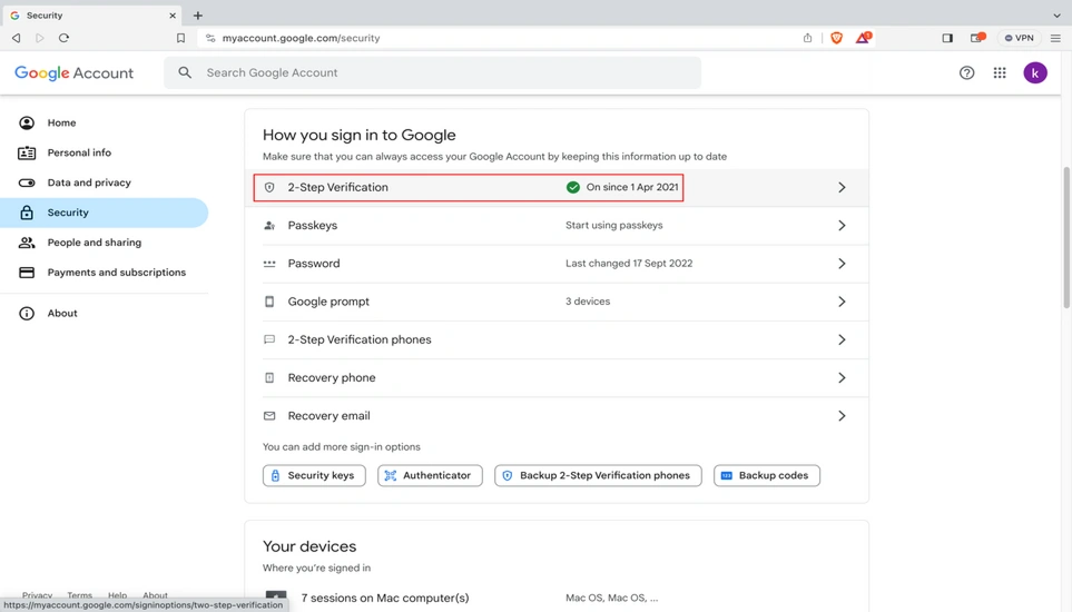 2-Step Verification settings