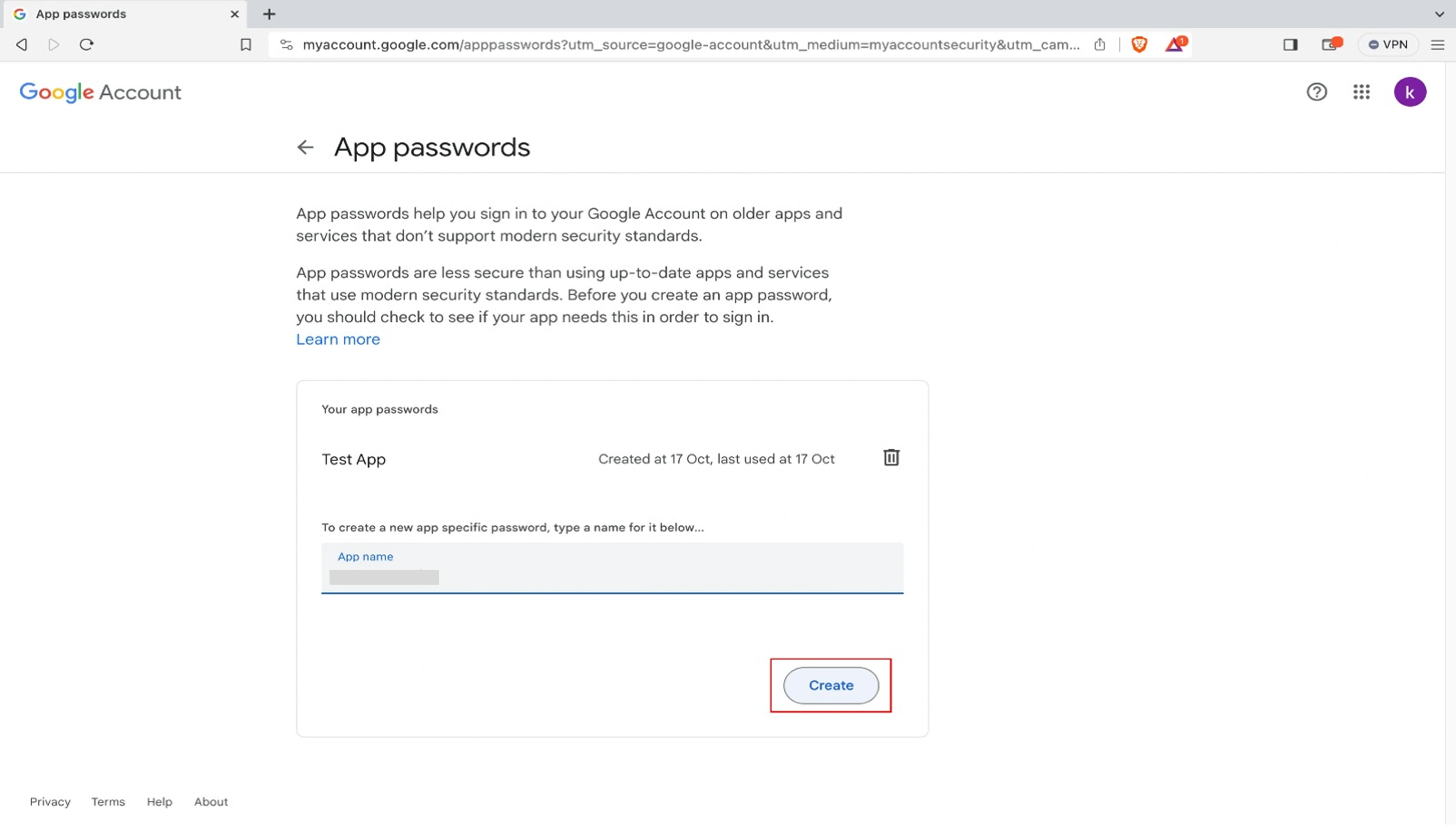 App passwords menu location