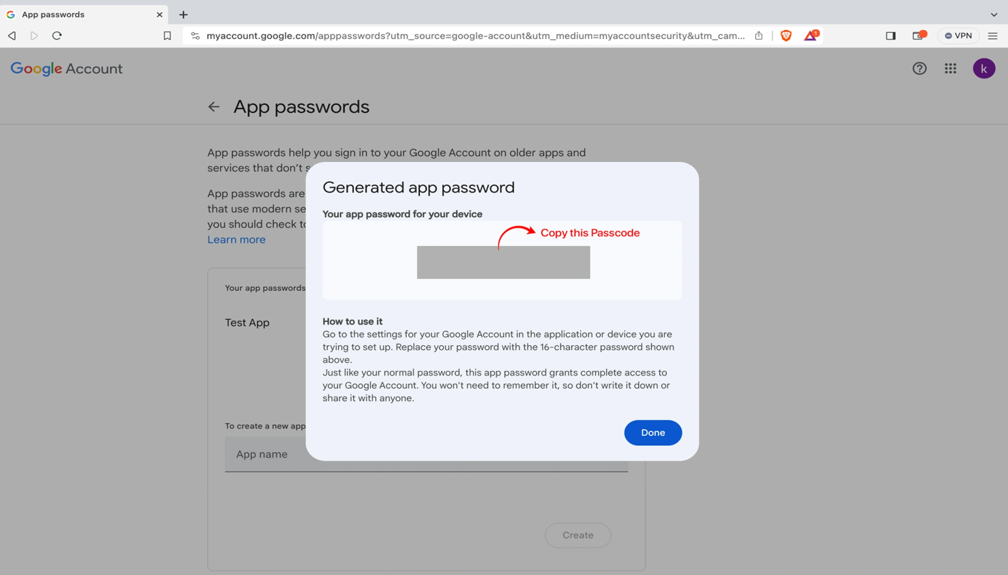 Generated app password